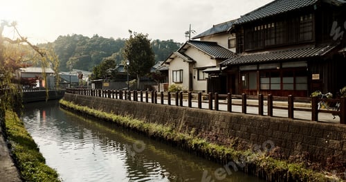 Preview: Houses, building and lake with trees in Japan of architecture, structure or natural scenery in neig