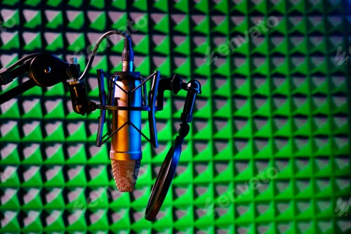 Preview: Professional studio microphone against acoustic foam panel background in neon light