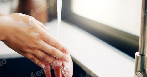 Preview: Water, washing hands and health with person in kitchen for safety, cleaning and disinfection. Hygie