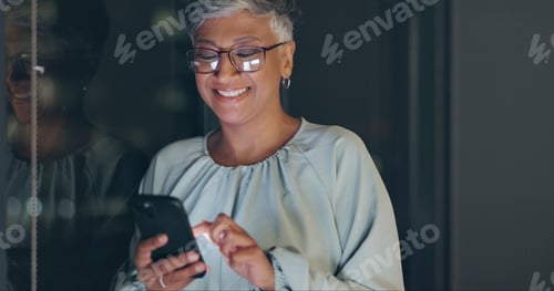 Preview: Smartphone, night and senior business woman on mobile app for global networking, funny meme or soci