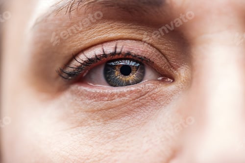 Preview: close up view of adult man eye with eyelashes and eyebrow looking at camera