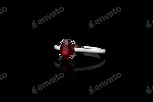 Preview: silver, gold ring with garnet stone and diamonds on black background