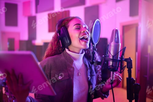 Preview: Technology, singing or woman on neon microphone, music studio lyrics or songwriting app in night re