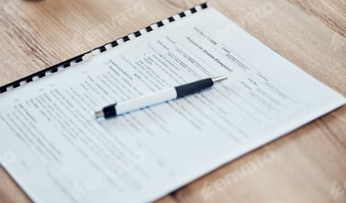 Preview: Document, business contract and pen on paper ready to sign, fill application and signature. Paperwo
