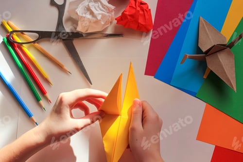 Preview: Children’s hands doing origami crane from yellow paper. N