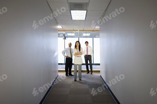 Preview: A portrait of a mixed group of business people standing at the end of a long hallway.