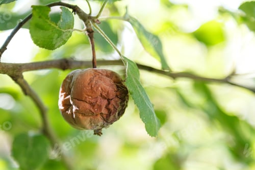 Preview: Rotten apple. Infected fruits of apples. Monilinia fructigena apple
