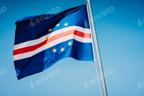 Preview: Cape Verde flag waving on the mast with blue sky background