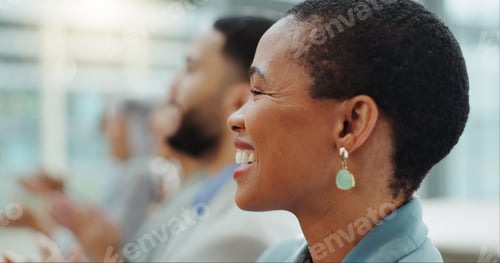 Preview: Happy business woman, team and workshop seminar in meeting or staff training together at office. Fa