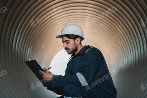 Preview: Engineers working inside a large steel pipe of a tunnel foundation.