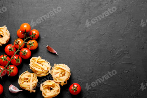Preview: Fresh organic ingridients of italian recipes. Pasta,tomatoes, garlic. Healthy food concept.