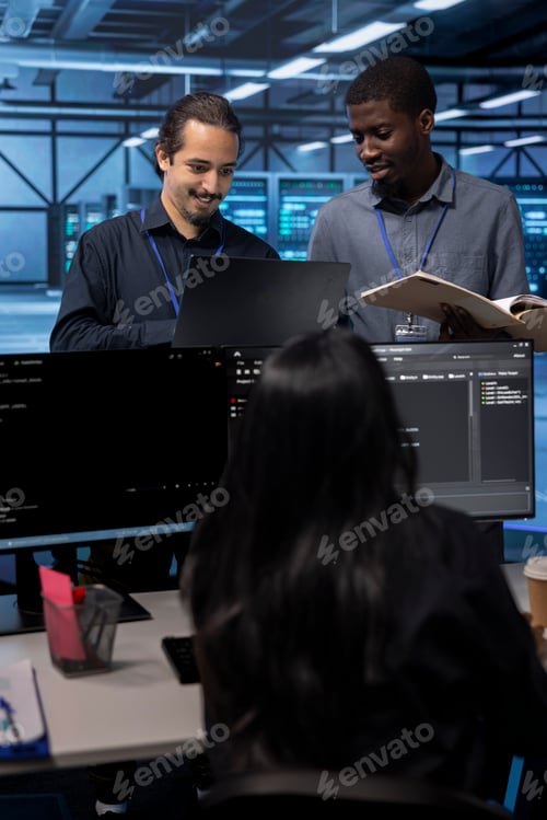 Preview: Cheerful teamworking engineers in data center fixing servers