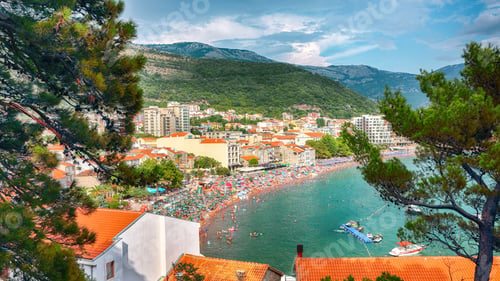 Preview: Promenade and main beach of Petrovac in Montenegro.