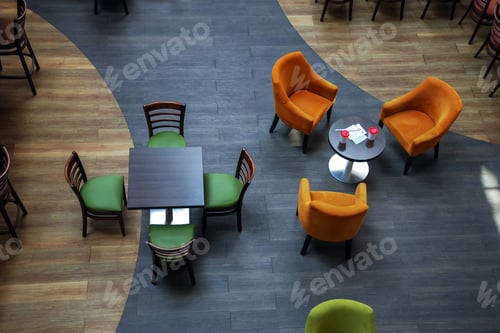 Preview: Empty cafe tables and chairs, top view