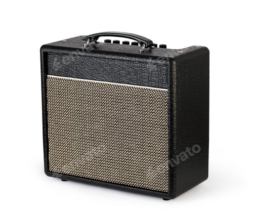 Preview: Black guitar amplifier producing sound for music performance