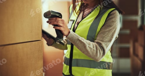 Preview: Hands, boxes and scan for inventory at warehouse with tablet, stock and check with supply chain job