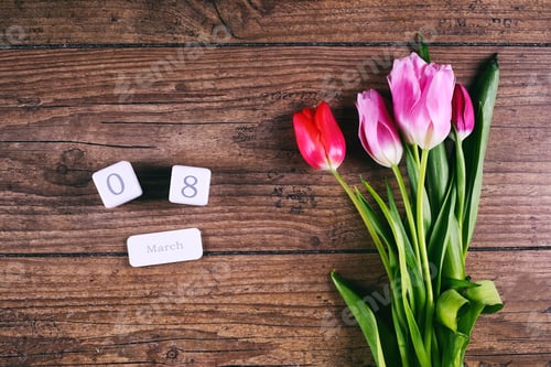 Preview: Pink Tulip Flowers on rustic table for March 8, International Womens Day, Birthday , Valentines Day