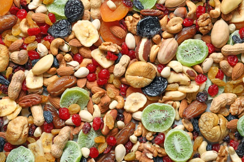 Preview: Different dried fruits and nuts as background, closeup