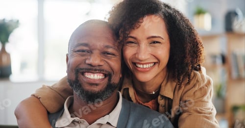 Vista previa: Couple, happy and hug portrait in home for romance, support and commitment in marriage with love. I