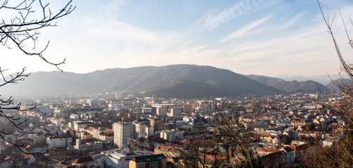 Preview: Wide panorama of Graz City from castle hill Schlossberg, Travel destination.