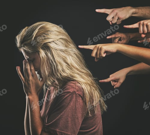 Preview: People judge depressed young woman, fear social anxiety and mental health burnout with fingers poin