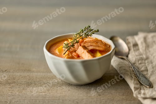 Preview: bowl of salmon and tomato soup