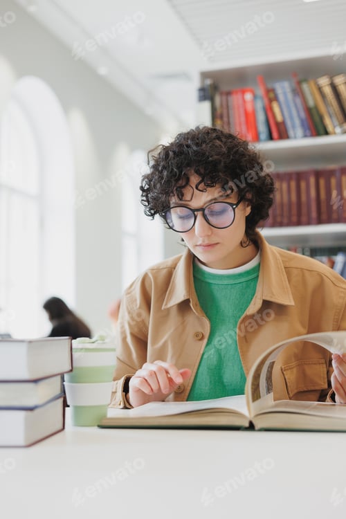 Preview: European student or researcher is reading a book in a library or coworking