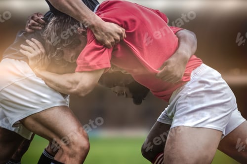 Preview: Rugby Fans In Arena Against Rugby Players Doing A Scrum
