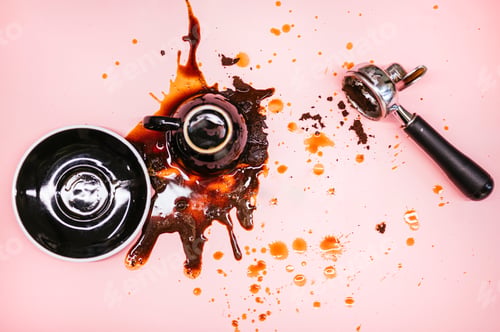 Preview: Top view of overturned coffee cup on pink background