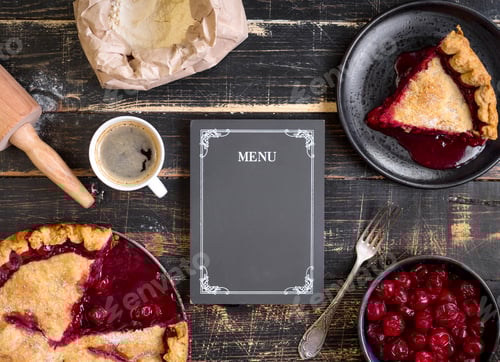 Preview: Cherry pie, flour, rolling pin and menu chalkboard background