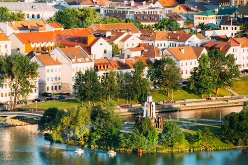 Preview: Minsk, Belarus. Elevated View Of Historical Center, Old Town. Minsk Skyline In Sunny Summer Evening