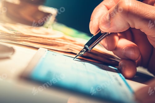 Preview: Writing a Check With a Fountain Pen and Stacks of Cash on the Table at a Cozy Workspace
