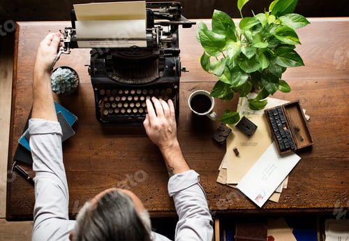Preview: Man Using Typing Retro Typewriter Machine Work Writer