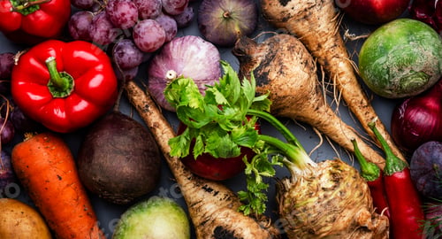 Preview: Food background with vegetables, root crops and fruits: celery, carrots, apples