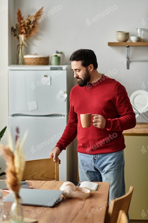Preview: Handsome elderly man enjoying a peaceful morning with coffee in a cozy kitchen setting