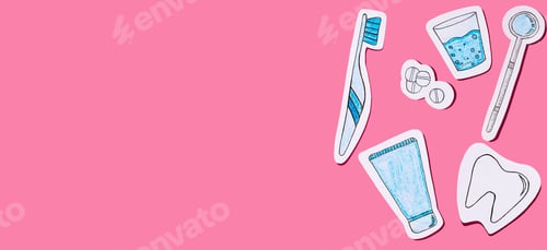 Preview: The concept of dentistry. Oral care tools cut out of paper on a pink background. Dental background.