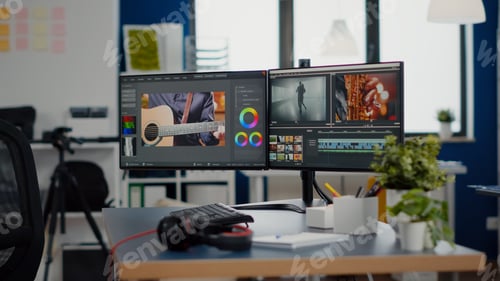 Preview: Empty creative workplace with professional computer placed on desk