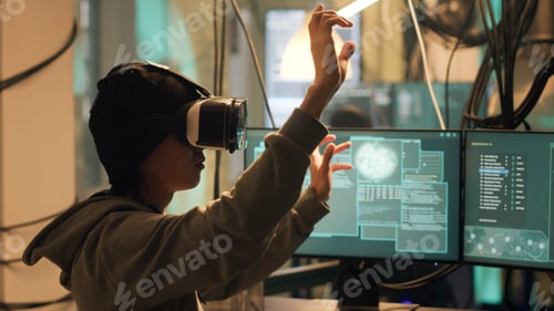 Preview: Male spy planting virus with vr headset at night