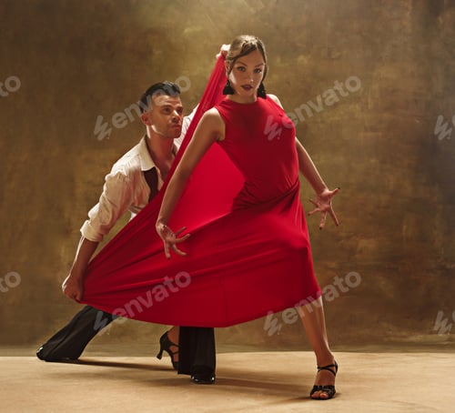 Preview: Flexible young modern dance couple posing in studio.