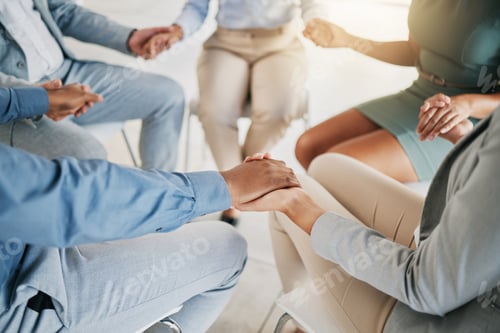 Preview: Business people, team building and support holding hands for trust at corporate company. Solidarity