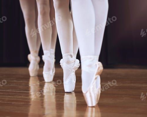Preview: Ballet, fitness dancer and woman on theatre stage for dance workout, exercise and training creative