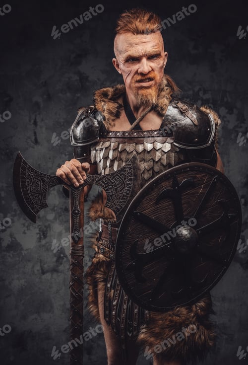 Preview: Scandinavian barbarian with shield and axe against dark background