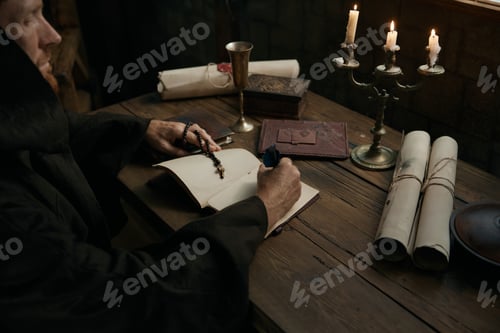 Preview: Crop shot of medieval monk chronicler writing ancient manuscript under candlelight