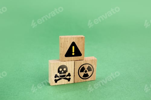 Preview: wooden square with caution and toxic or chemical icons