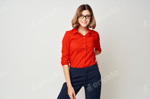 Preview: Woman Posing in Red Blouse with Black Glasses