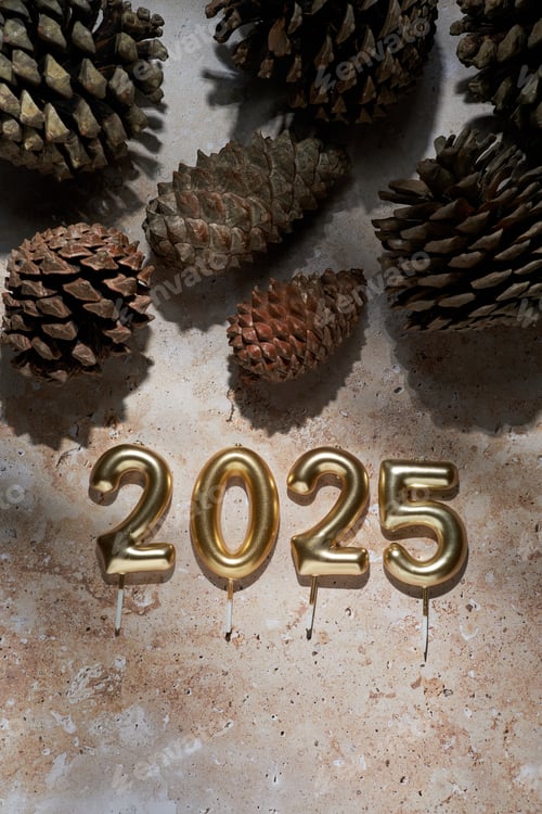 Preview: Decorative natural arrangement with golden candles marking the arrival of 2025