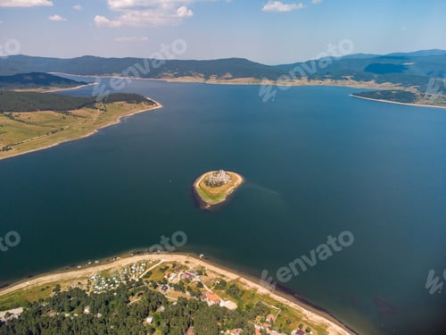 Preview: Aerial panoramic view of Island on a Batak Reservoir located in Bulgaria, Rhodopa Mountains