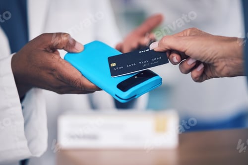 Preview: Pharmacist, hands and credit card on pos for payment, medication or buying healthcare product at ph