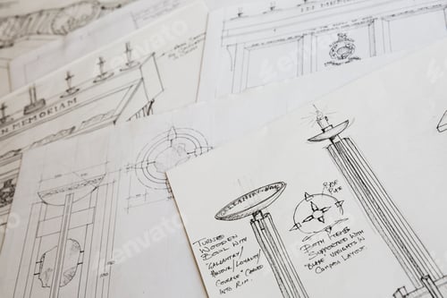 Preview: Close up of design drawings for a carved wooden bowl on a stand, handwritten notes.
