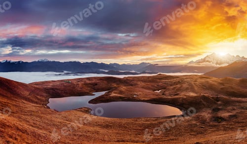 Preview: Sunset on mountain lake Koruldi. Upper Svaneti, Georgia, Europe.